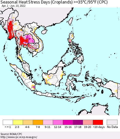 South East Asia Seasonal Heat Stress Days (Croplands) >=35°C/95°F (CPC) Thematic Map For 4/1/2022 - 6/10/2022