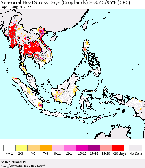 South East Asia Seasonal Heat Stress Days (Croplands) >=35°C/95°F (CPC) Thematic Map For 4/1/2022 - 8/31/2022