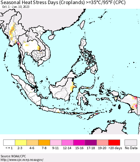 South East Asia Seasonal Heat Stress Days (Croplands) >=35°C/95°F (CPC) Thematic Map For 10/1/2022 - 1/10/2023