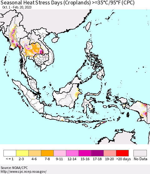 South East Asia Seasonal Heat Stress Days (Croplands) >=35°C/95°F (CPC) Thematic Map For 10/1/2022 - 2/20/2023