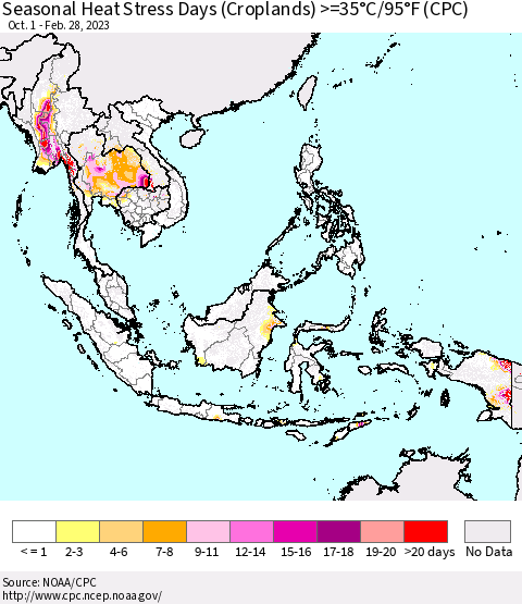 South East Asia Seasonal Heat Stress Days (Croplands) >=35°C/95°F (CPC) Thematic Map For 10/1/2022 - 2/28/2023