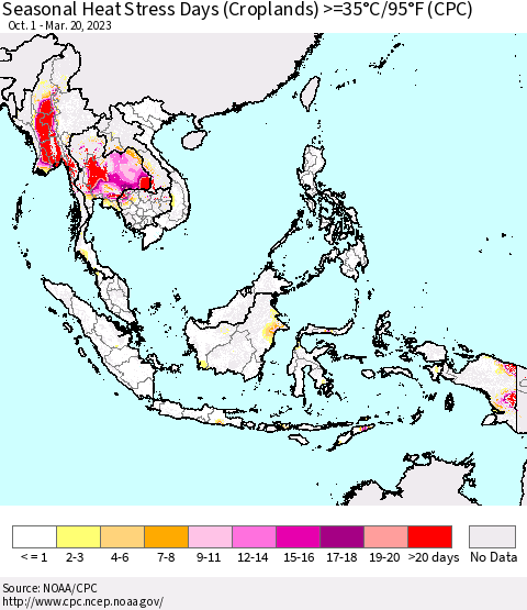 South East Asia Seasonal Heat Stress Days (Croplands) >=35°C/95°F (CPC) Thematic Map For 10/1/2022 - 3/20/2023