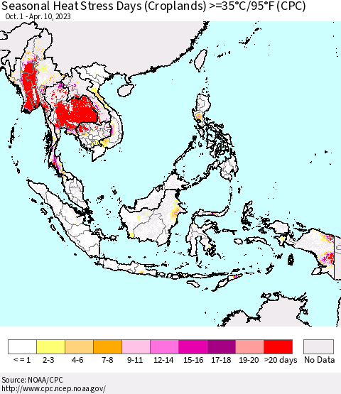South East Asia Seasonal Heat Stress Days (Croplands) >=35°C/95°F (CPC) Thematic Map For 10/1/2022 - 4/10/2023