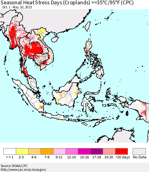 South East Asia Seasonal Heat Stress Days (Croplands) >=35°C/95°F (CPC) Thematic Map For 10/1/2022 - 5/10/2023