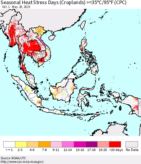 South East Asia Seasonal Heat Stress Days (Croplands) >=35°C/95°F (CPC) Thematic Map For 10/1/2022 - 5/20/2023