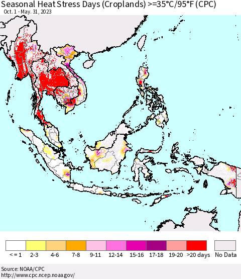 South East Asia Seasonal Heat Stress Days (Croplands) >=35°C/95°F (CPC) Thematic Map For 10/1/2022 - 5/31/2023