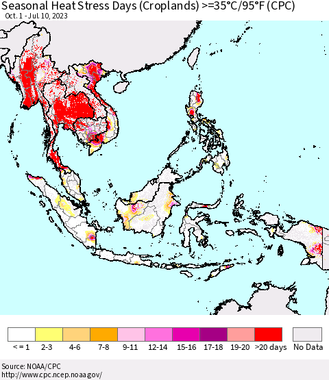 South East Asia Seasonal Heat Stress Days (Croplands) >=35°C/95°F (CPC) Thematic Map For 10/1/2022 - 7/10/2023