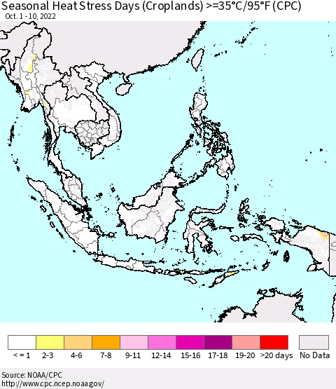 South East Asia Seasonal Heat Stress Days (Croplands) >=35°C/95°F (CPC) Thematic Map For 10/1/2022 - 10/10/2022