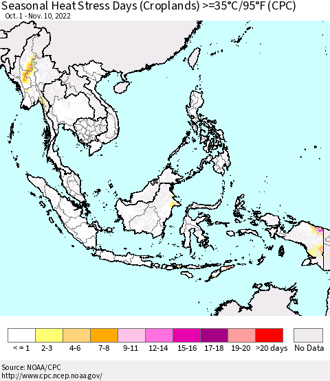 South East Asia Seasonal Heat Stress Days (Croplands) >=35°C/95°F (CPC) Thematic Map For 10/1/2022 - 11/10/2022