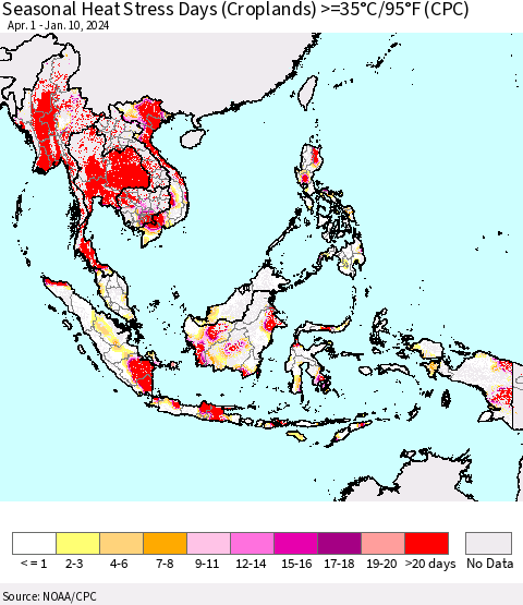 South East Asia Seasonal Heat Stress Days (Croplands) >=35°C/95°F (CPC) Thematic Map For 4/1/2023 - 1/10/2024