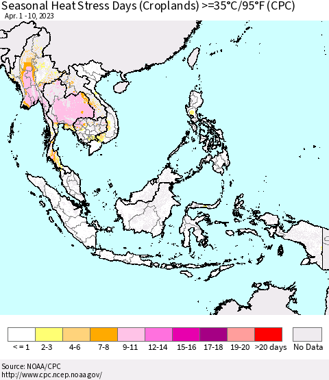 South East Asia Seasonal Heat Stress Days (Croplands) >=35°C/95°F (CPC) Thematic Map For 4/1/2023 - 4/10/2023