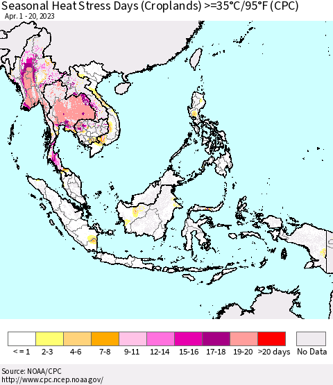 South East Asia Seasonal Heat Stress Days (Croplands) >=35°C/95°F (CPC) Thematic Map For 4/1/2023 - 4/20/2023
