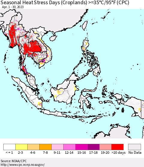 South East Asia Seasonal Heat Stress Days (Croplands) >=35°C/95°F (CPC) Thematic Map For 4/1/2023 - 4/30/2023