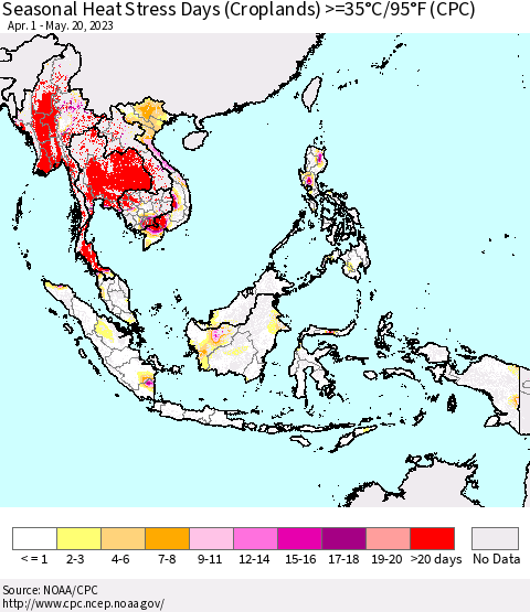 South East Asia Seasonal Heat Stress Days (Croplands) >=35°C/95°F (CPC) Thematic Map For 4/1/2023 - 5/20/2023