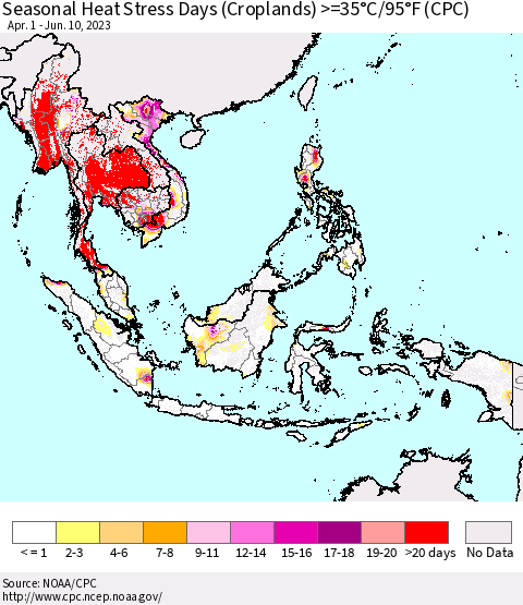 South East Asia Seasonal Heat Stress Days (Croplands) >=35°C/95°F (CPC) Thematic Map For 4/1/2023 - 6/10/2023