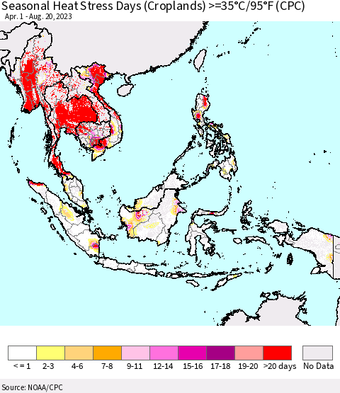 South East Asia Seasonal Heat Stress Days (Croplands) >=35°C/95°F (CPC) Thematic Map For 4/1/2023 - 8/20/2023