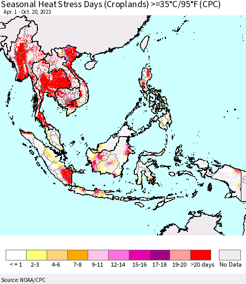 South East Asia Seasonal Heat Stress Days (Croplands) >=35°C/95°F (CPC) Thematic Map For 4/1/2023 - 10/20/2023