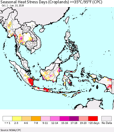 South East Asia Seasonal Heat Stress Days (Croplands) >=35°C/95°F (CPC) Thematic Map For 10/1/2023 - 1/10/2024