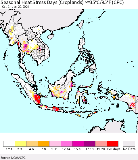 South East Asia Seasonal Heat Stress Days (Croplands) >=35°C/95°F (CPC) Thematic Map For 10/1/2023 - 1/20/2024