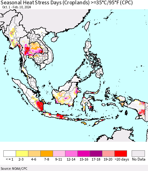 South East Asia Seasonal Heat Stress Days (Croplands) >=35°C/95°F (CPC) Thematic Map For 10/1/2023 - 2/10/2024