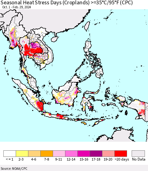 South East Asia Seasonal Heat Stress Days (Croplands) >=35°C/95°F (CPC) Thematic Map For 10/1/2023 - 2/29/2024