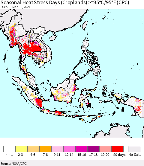 South East Asia Seasonal Heat Stress Days (Croplands) >=35°C/95°F (CPC) Thematic Map For 10/1/2023 - 3/10/2024
