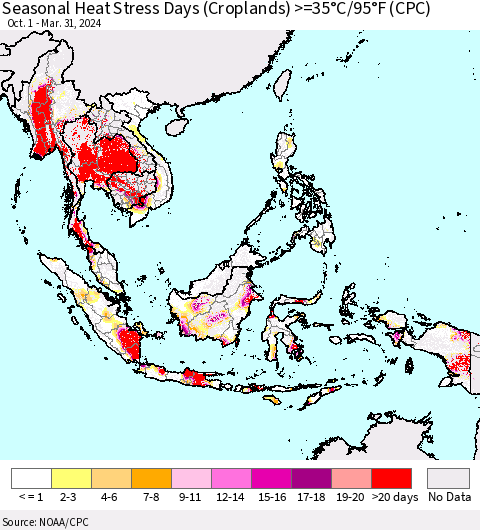 South East Asia Seasonal Heat Stress Days (Croplands) >=35°C/95°F (CPC) Thematic Map For 10/1/2023 - 3/31/2024
