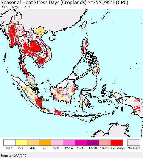 South East Asia Seasonal Heat Stress Days (Croplands) >=35°C/95°F (CPC) Thematic Map For 10/1/2023 - 5/10/2024