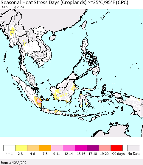 South East Asia Seasonal Heat Stress Days (Croplands) >=35°C/95°F (CPC) Thematic Map For 10/1/2023 - 10/10/2023