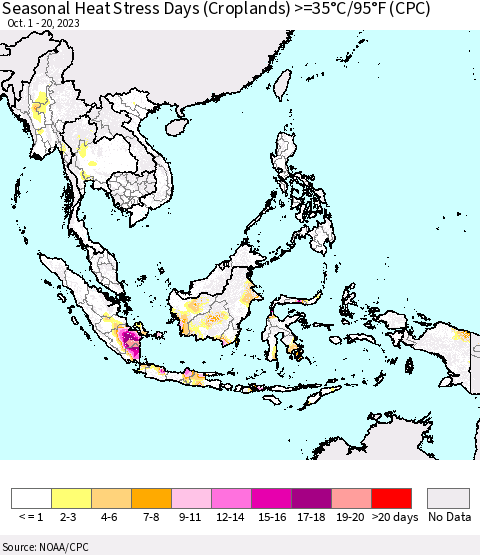 South East Asia Seasonal Heat Stress Days (Croplands) >=35°C/95°F (CPC) Thematic Map For 10/1/2023 - 10/20/2023