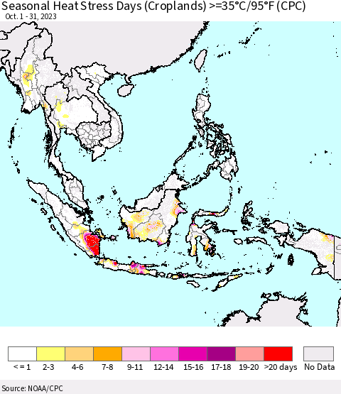 South East Asia Seasonal Heat Stress Days (Croplands) >=35°C/95°F (CPC) Thematic Map For 10/1/2023 - 10/31/2023
