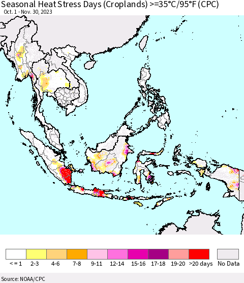 South East Asia Seasonal Heat Stress Days (Croplands) >=35°C/95°F (CPC) Thematic Map For 10/1/2023 - 11/30/2023