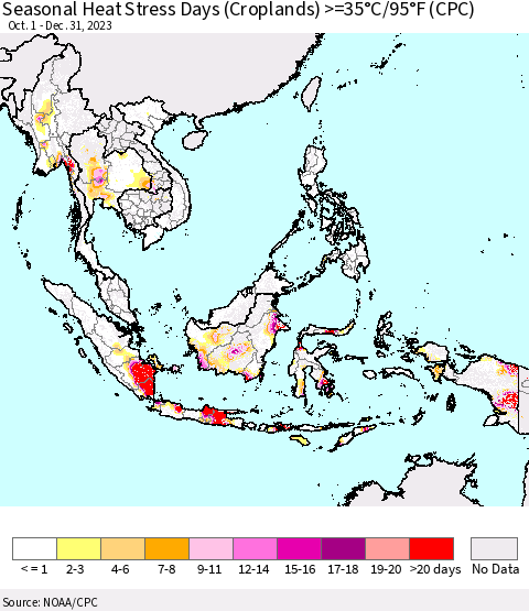 South East Asia Seasonal Heat Stress Days (Croplands) >=35°C/95°F (CPC) Thematic Map For 10/1/2023 - 12/31/2023