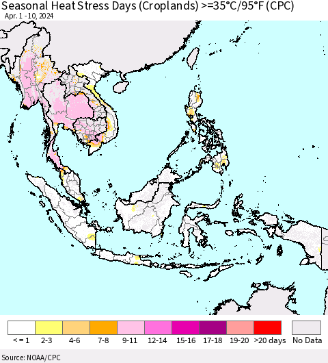 South East Asia Seasonal Heat Stress Days (Croplands) >=35°C/95°F (CPC) Thematic Map For 4/1/2024 - 4/10/2024