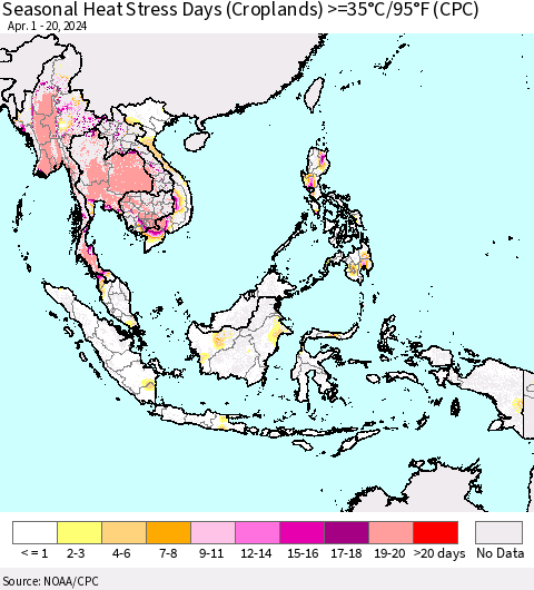 South East Asia Seasonal Heat Stress Days (Croplands) >=35°C/95°F (CPC) Thematic Map For 4/1/2024 - 4/20/2024