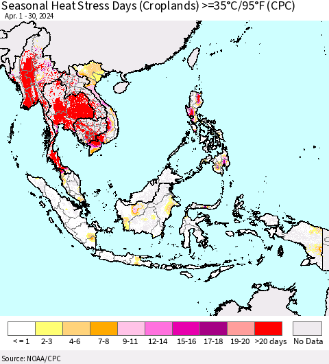 South East Asia Seasonal Heat Stress Days (Croplands) >=35°C/95°F (CPC) Thematic Map For 4/1/2024 - 4/30/2024