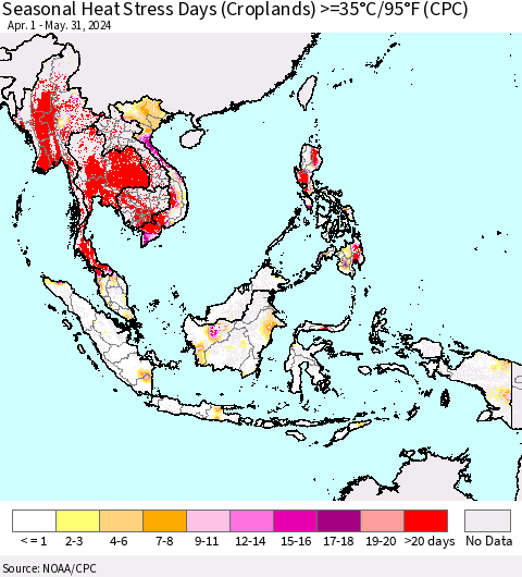 South East Asia Seasonal Heat Stress Days (Croplands) >=35°C/95°F (CPC) Thematic Map For 4/1/2024 - 5/31/2024