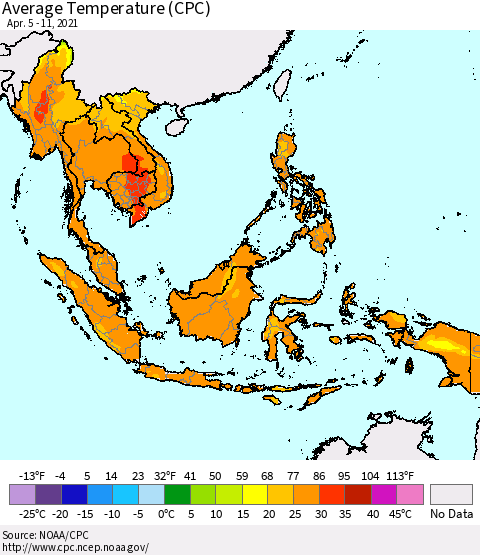 South East Asia Average Temperature (CPC) Thematic Map For 4/5/2021 - 4/11/2021