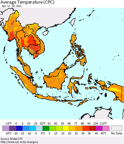 South East Asia Average Temperature (CPC) Thematic Map For 4/12/2021 - 4/18/2021