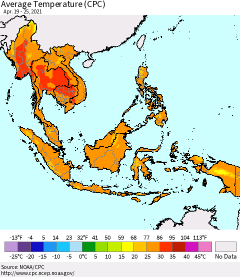 South East Asia Average Temperature (CPC) Thematic Map For 4/19/2021 - 4/25/2021