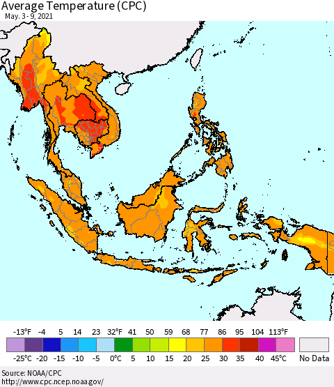 South East Asia Average Temperature (CPC) Thematic Map For 5/3/2021 - 5/9/2021