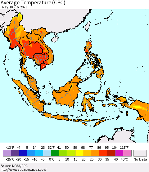 South East Asia Average Temperature (CPC) Thematic Map For 5/10/2021 - 5/16/2021