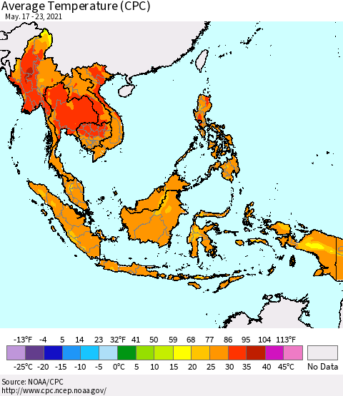 South East Asia Average Temperature (CPC) Thematic Map For 5/17/2021 - 5/23/2021