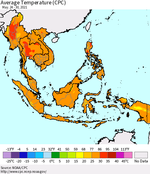 South East Asia Average Temperature (CPC) Thematic Map For 5/24/2021 - 5/30/2021