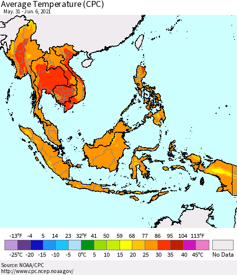 South East Asia Average Temperature (CPC) Thematic Map For 5/31/2021 - 6/6/2021