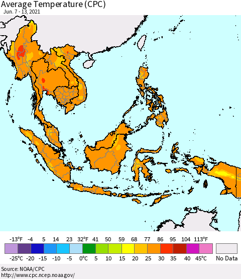 South East Asia Average Temperature (CPC) Thematic Map For 6/7/2021 - 6/13/2021
