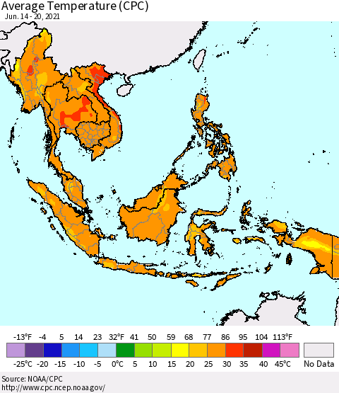South East Asia Average Temperature (CPC) Thematic Map For 6/14/2021 - 6/20/2021