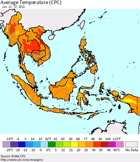 South East Asia Average Temperature (CPC) Thematic Map For 6/21/2021 - 6/27/2021