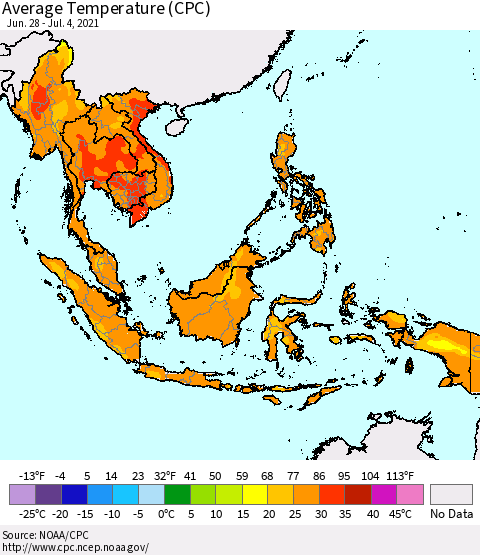 South East Asia Average Temperature (CPC) Thematic Map For 6/28/2021 - 7/4/2021