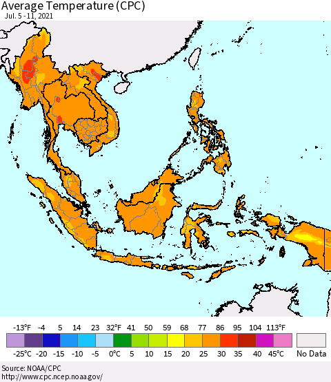 South East Asia Average Temperature (CPC) Thematic Map For 7/5/2021 - 7/11/2021